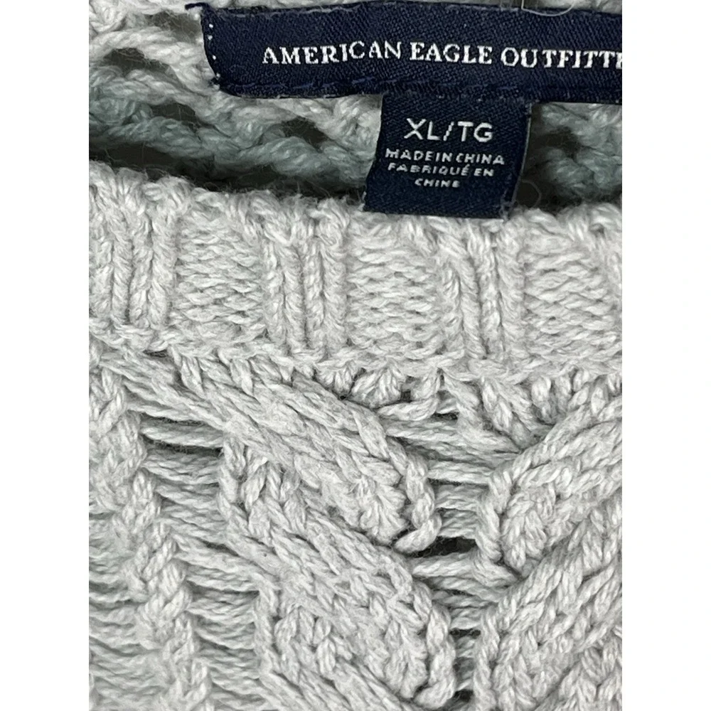 AE American Eagle Sweater Gray Open Knit Long Sleeve Women's XL Crochet Fall EUC